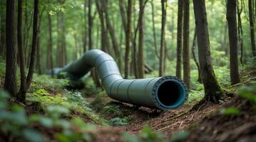 Carbon capture pipe winding through a forested area photo