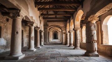 Exploring an ancient corridor with arches and columns at a historical site photo