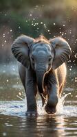 Baby elephant enjoys playful splashing in a serene water environment photo