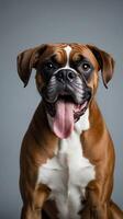 Boxer dog with its tongue out posing in a studio setting for a portrait photo