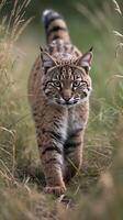 Bobcat moving stealthily through tall grass in a natural habitat during daytime photo