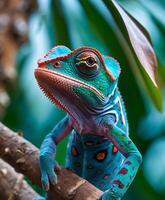 Chameleon perched on a branch showcasing its unique color transformation in nature photo