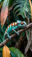 Chameleon displaying vibrant colors on a tree branch in a tropical setting photo