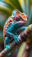 Chameleon showcasing its striking colors while perched on a branch in a lush environment photo