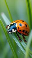 Closeup of a ladybug crawling on a green leaf in a natural setting during daylight photo
