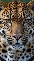 A leopard peers directly at the viewer, revealing its striking rosette patterned fur photo