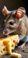 Closeup of a mouse enjoying a piece of cheese in a natural setting photo