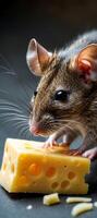 Closeup of a mouse enjoying a piece of cheese in a cozy indoor setting photo