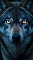 Closeup of a wolf's glowing eyes showcasing its fierce expression at dusk photo