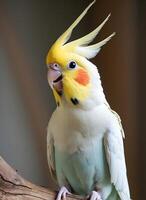 Cockatiel displaying curiosity and charm while perched on a branch photo