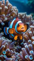 Clownfish swimming through coral reef habitat with colorful anemones during daylight hours photo