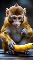 Curious monkey enjoys a banana in a lush jungle habitat during the day photo