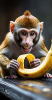 Monkey joyfully enjoying a banana in a forest setting during daylight photo
