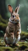 Curious rabbit stands upright in a lush green forest setting photo