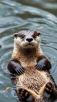 Curious otter floats on its back in tranquil water observing surroundings photo