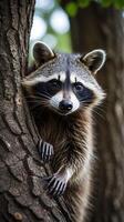 Curious raccoon peeking out from a tree in a forest setting during daylight hours photo