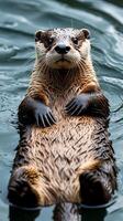 Curious otter floating contentedly in calm waters during a sunny afternoon photo