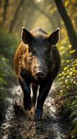 Wild boar running through a forest path during golden hour light photo