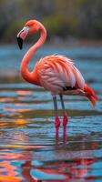 Flamingo standing gracefully in shallow water during golden hour near a tranquil setting photo