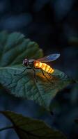 Glowing firefly resting on a leaf at dusk in a lush setting photo