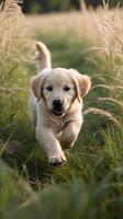 Golden retriever puppy running through a grassy field on a sunny day photo