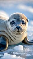 Harp seal pup resting on ice in a cold environment with a curious expression photo