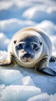 Harp seal pup resting on ice in its natural habitat during winter photo