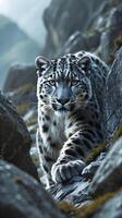 Snow leopard gracefully navigating rocky terrain in a mountainous environment photo