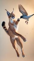 Caracal leaps to catch a bird in mid flight against a soft background photo