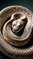 Detailed view of a coiled snake with intricate scale patterns in natural light photo