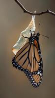 Butterfly emerging from chrysalis near a branch in a natural setting during daylight photo