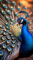 Majestic peacock displaying its stunning feathers in natural habitat photo