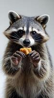 Raccoon enjoying a treat, showcasing its playful behavior and curious expression photo