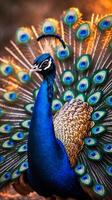 Peacock displaying vibrant plumage in a natural setting during daylight hours photo