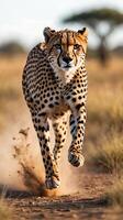 High speed capture of a cheetah running across a grassy plain in the wild photo