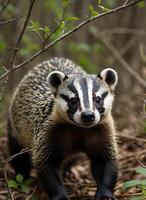 Fearless honey badger exploring a forested area with greenery surrounding photo
