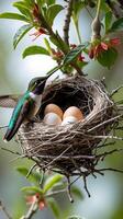 Hummingbird tends to its nest with eggs in a natural green setting photo