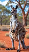 Kangaroo stands upright in Australian outback with red soil and sparse vegetation photo