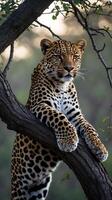Leopard resting on tree branch in natural habitat at dusk photo