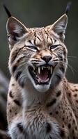 Lynx yawning and displaying its sharp teeth in a natural habitat photo