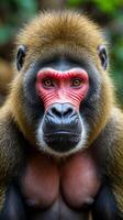 Striking mandrill with colorful facial features in a natural habitat setting photo
