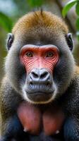 Colorful mandrill with distinctive facial features in natural habitat photo