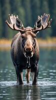 Moose standing in a calm lake with water droplets in a natural setting photo