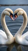 Swans create a heart shape with their necks in a tranquil water setting photo
