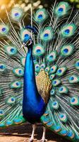 Peacock displaying its magnificent tail in a lush outdoor setting photo