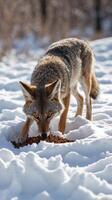 Coyote digging in snow while searching for food in a winter landscape photo