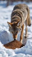Coyote foraging in snow for food during winter in a natural environment photo