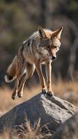 Coyote leaping onto a rock in natural habitat during daytime observation photo