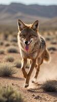 Coyote running across a desert landscape in a warm afternoon light photo