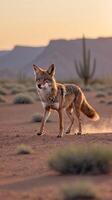 Coyote trotting across an expansive desert landscape during golden hour photo